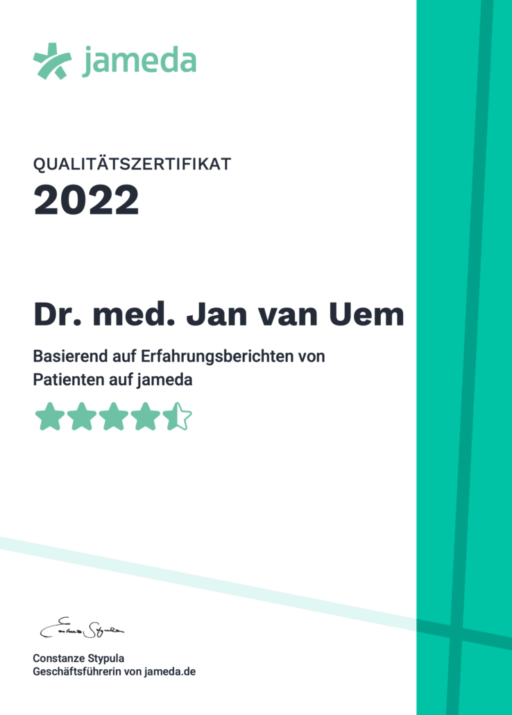 Jameda Qualitätszertifikat 2022 für Dr. Jan van Uem im Kinderwunschzentrum Erlangen